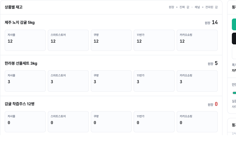 재고 동기화 프로그램 데모 — 채널별 재고 화면